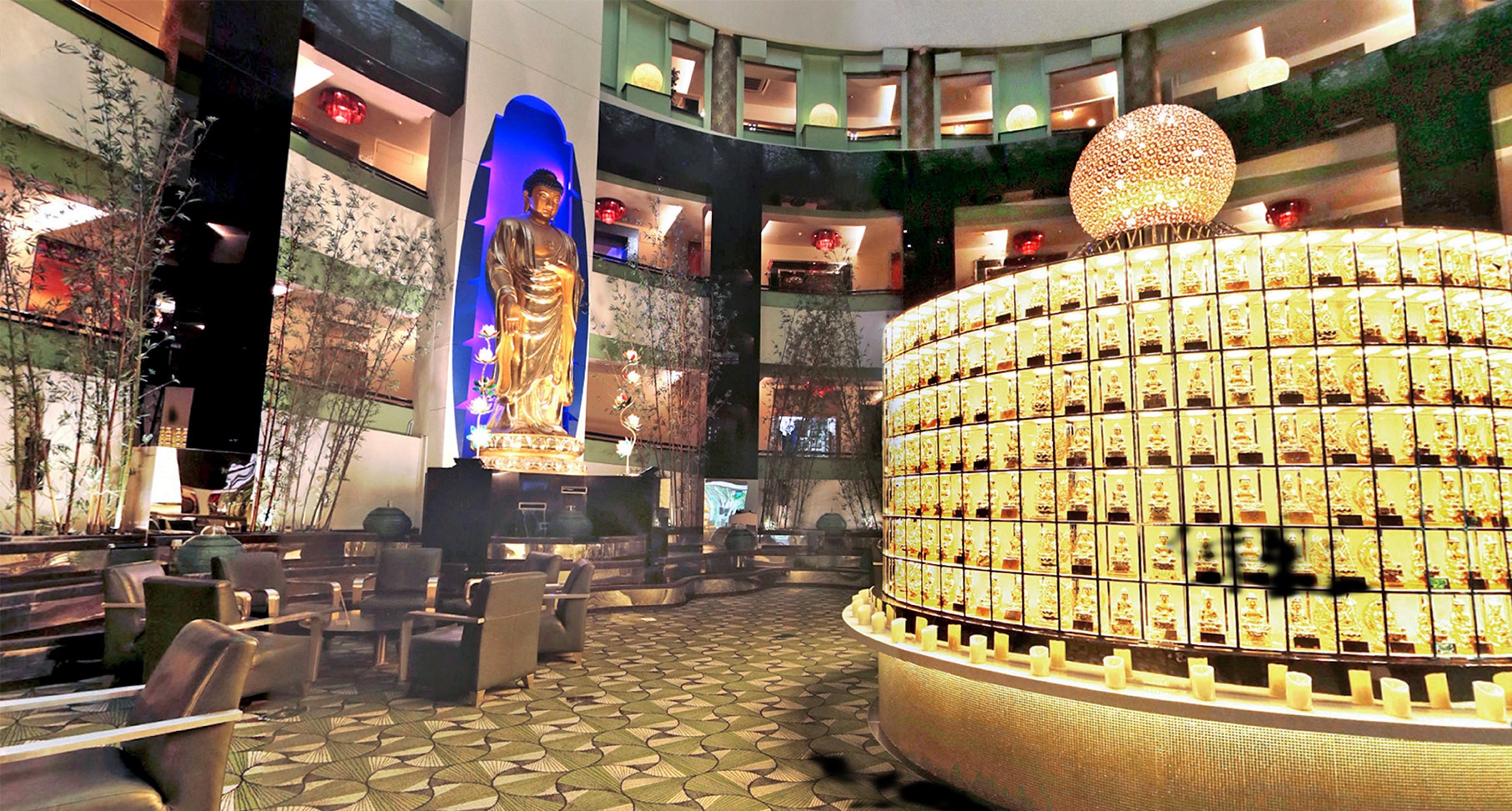 Block A Ju Xian Dian golden Buddha statue and columbarium niche hall at Nirvana Memorial Garden Singapore